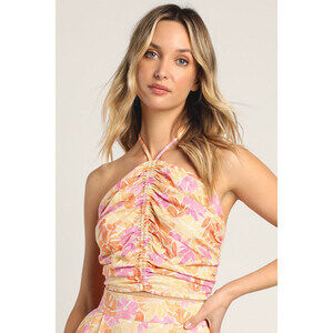 Lulus Island Imaginings Peach Floral Print Ruched Lace-up Halter Top Pink